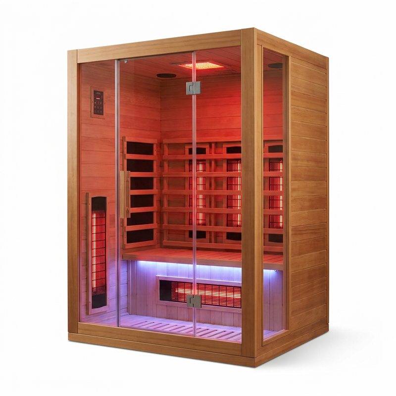 Full Spectrum Infrared Sauna – 1–2 Person Canadian Hemlock Indoor Sauna with Bluetooth & Tempered Glass Door