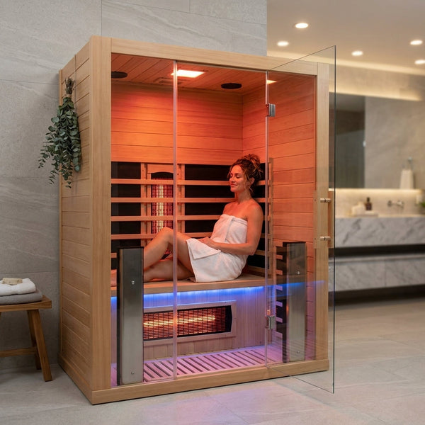Full Spectrum Infrared Sauna – 1–2 Person Canadian Hemlock Indoor Sauna with Bluetooth & Tempered Glass Door